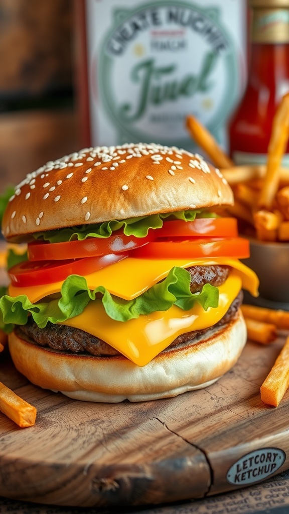 Flame-grilled burger with cheese, lettuce, and tomato on a sesame seed bun, served with fries.